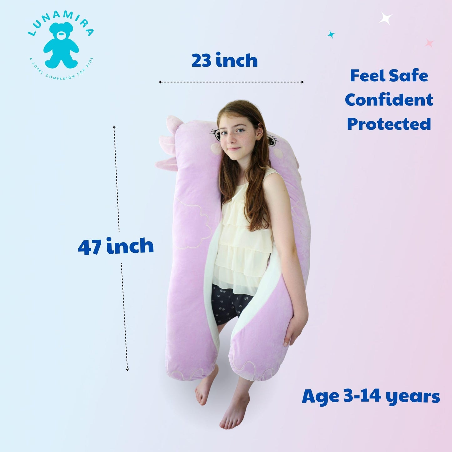 LUNAMIRA Axolotl Kids Body Pillow - 47" U-Shape Long Plush Soft Animal Pillow for Kids, Sleeping, Reading, ADHD & Special Needs Comfort, Anxiety, Washable Cover, Snuggle Fun Cuddle for Boys & Girls