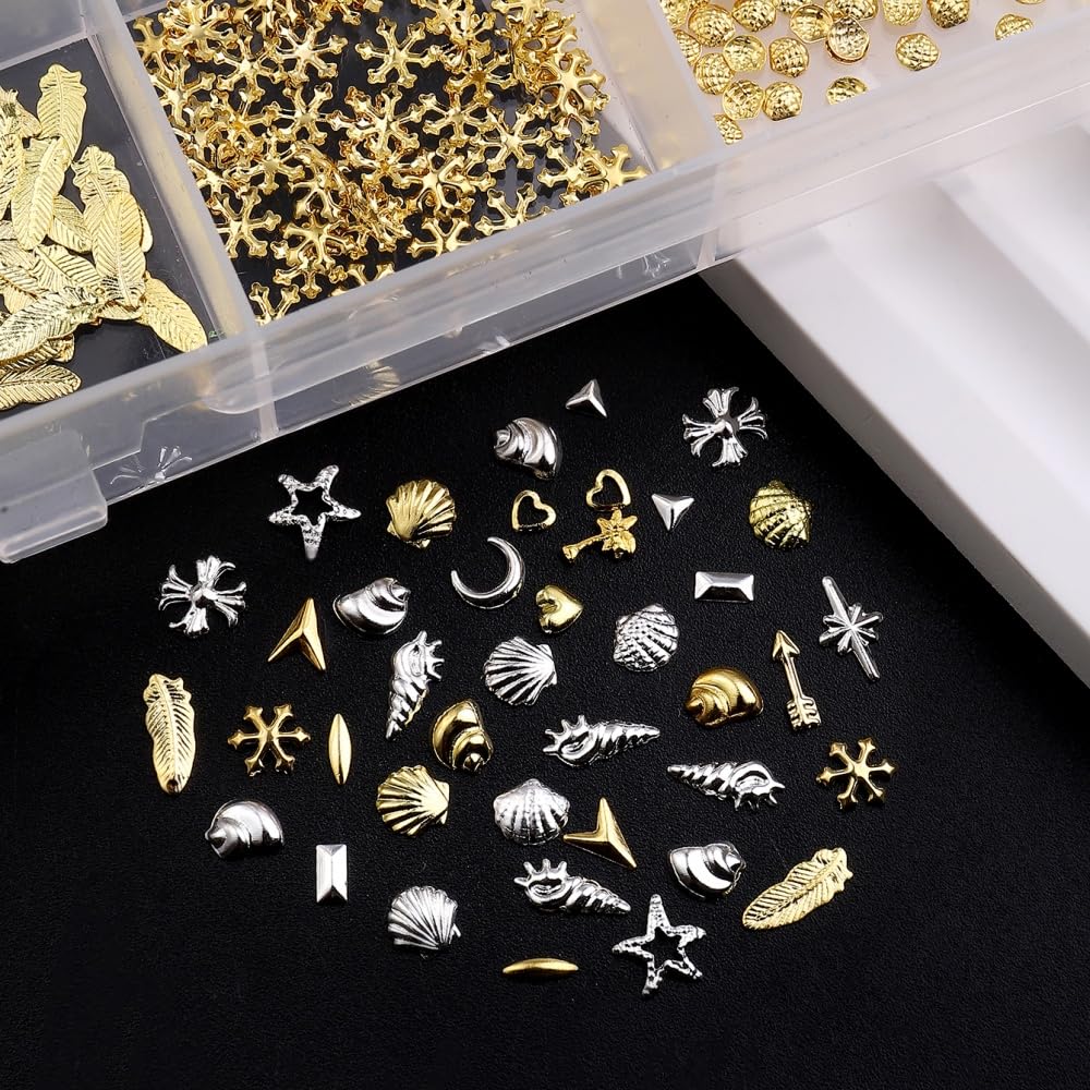 Gold Silver Nail Charms 3D Alloy Flower Nail Gems Metal Moon Star Nail Jewels Multi-Shapes Ocean Beach Starfish Seashell Leaf Nail Art Supplies with Tweezer for Women DIY Acrylic Nail 24 Grids 1 Box