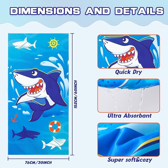 WERNNSAI Kids Beach Towel for Boys - 30” x 60” Shark Sand Free Swim Towels Pool Beach Towel for Boys Kids Quick Dry Absorbent Super Soft Beach Blanket Camping Travel Bath Shower Towel