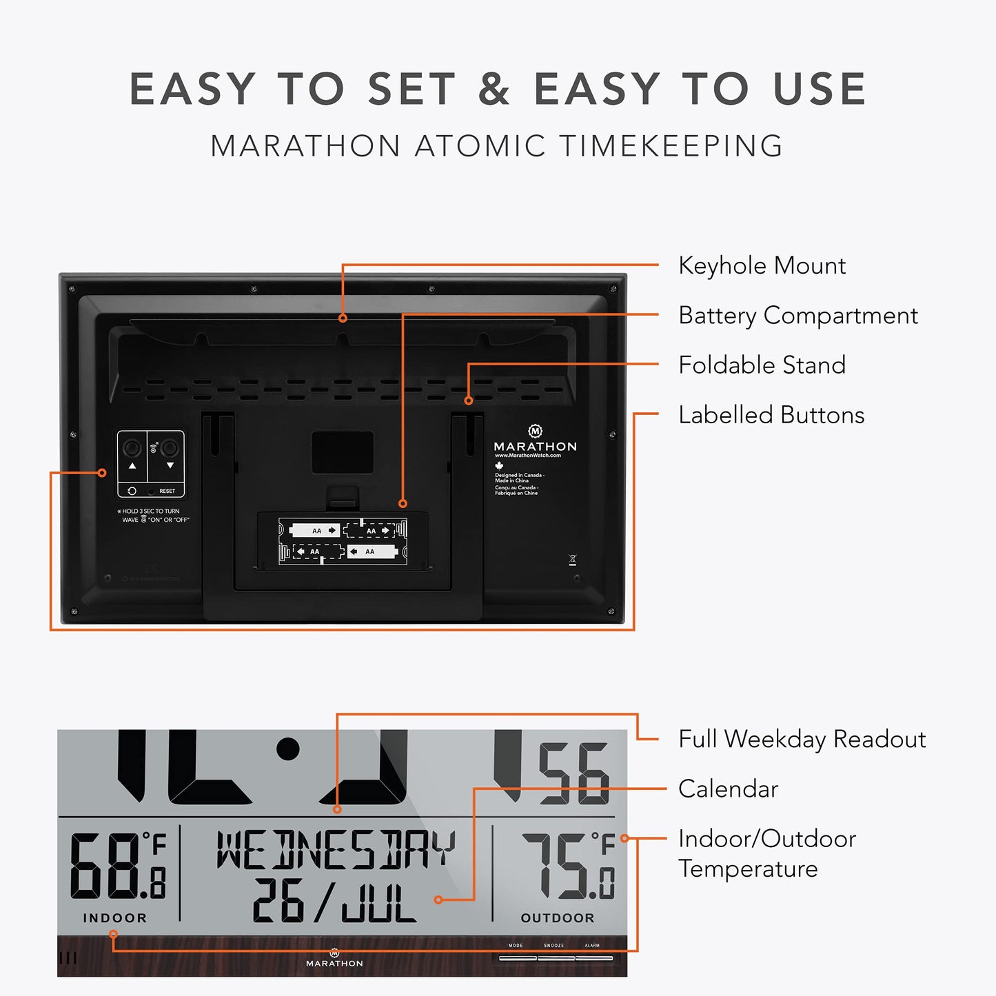 MARATHON Atomic Full Calendar Clock with Extra Large Digits Indoor and Outdoor Temperature