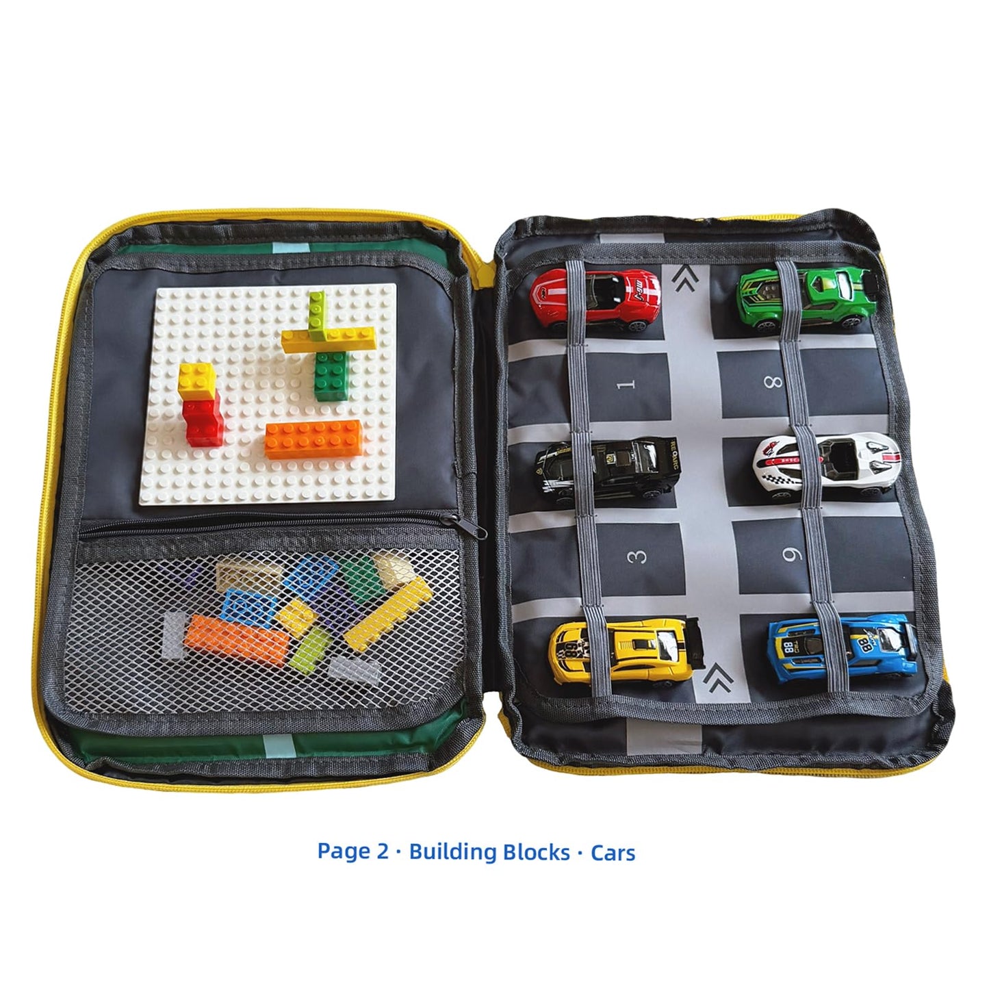 Portable kids toys storage bag with alloy toy cars, simulated dinosaurs, building blocks, base plates and a city road map. Educational travel toy set, suitable as a birthday gift for children aged 3-6