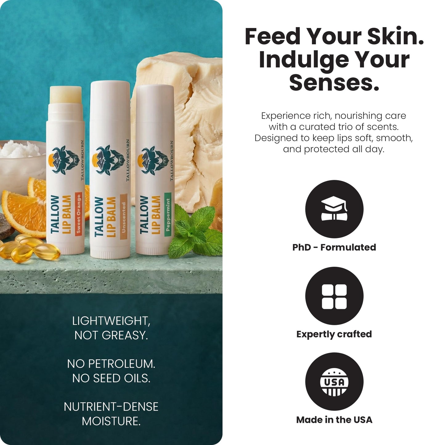 Tallowbourn Moisturizing Tallow Lip Balm – Grass-Fed Beef Tallow with Organic Coconut Oil, Beeswax, and Vitamin E – Lip Balm Set – Variety Pack – Travel Essential – 3-Pack
