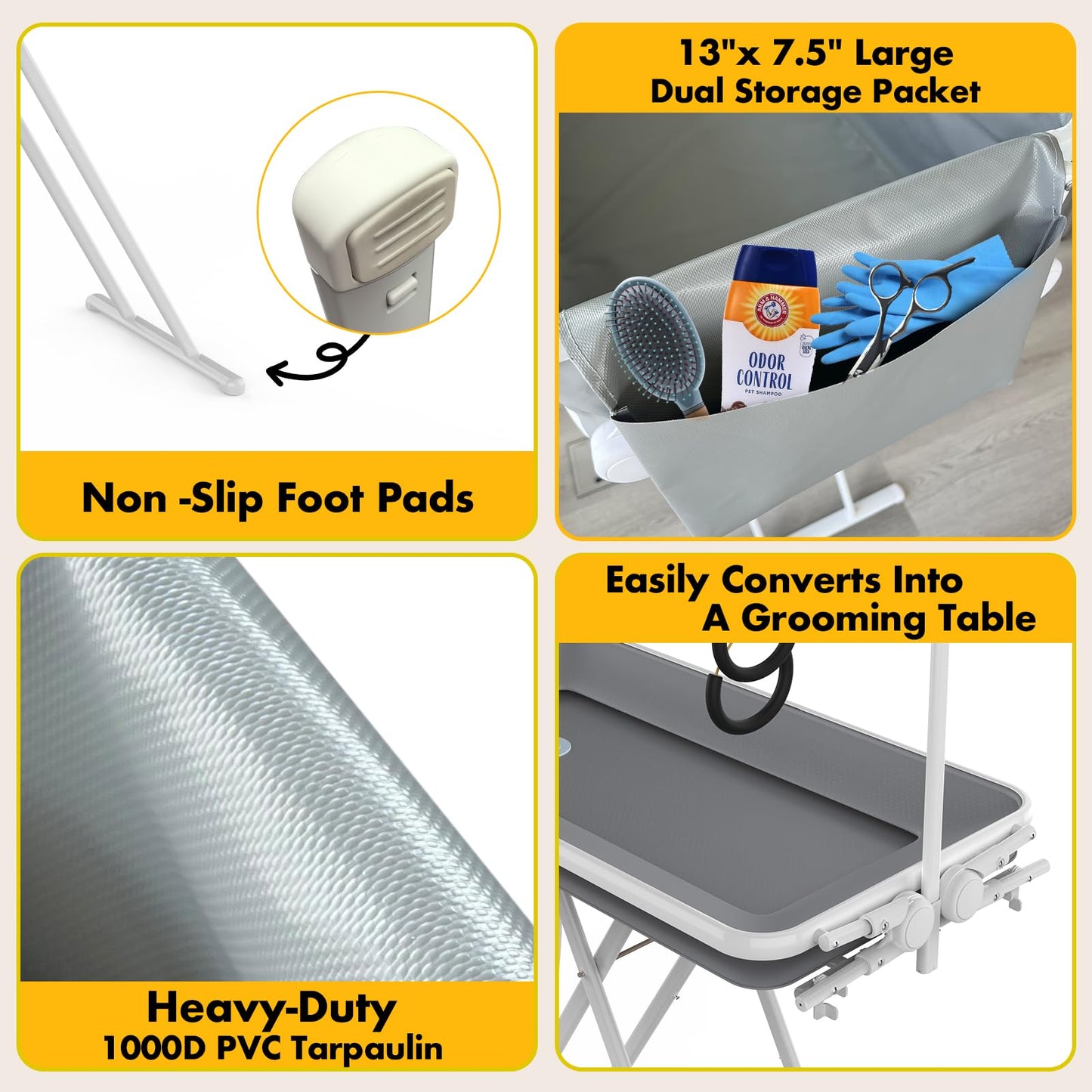 PAWZIDEA 2-in-1 Portable Dog Bathtub & Grooming Table, 33" Foldable Pet Washing Station for Small Medium Dogs Cats, Elevated Tubs for Bathing Shower Indoor Outdoor, 5 Height Adjustable, Storage Pocket