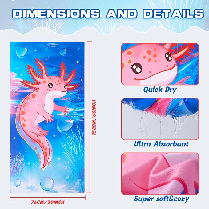 WERNNSAI Dinosaur Kids Beach Towel for Girls - 30” x 60” Axolotl Sand Free Swim Towels for Girls Bath Pool Camping Travel Towel Quick Dry Ultra Absorbent Super Soft Beach Blanket Bath Shower Towel
