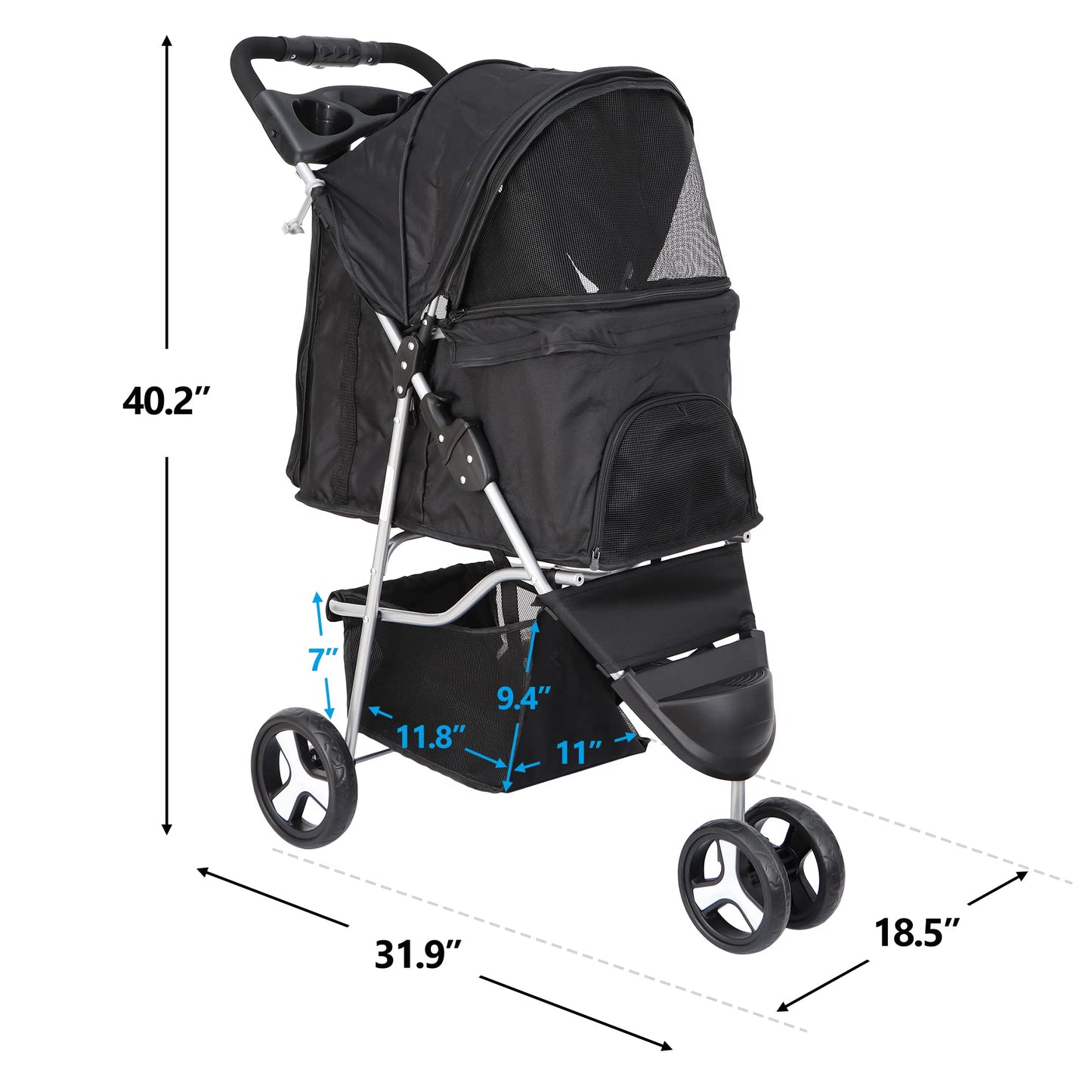 ZENY Foldable Pet Stroller, Cat/Dog Stroller with 3 Wheel, Pet Strolling Cart, Dog Travel Carrier with Storage Basket + Cup Holder, Black