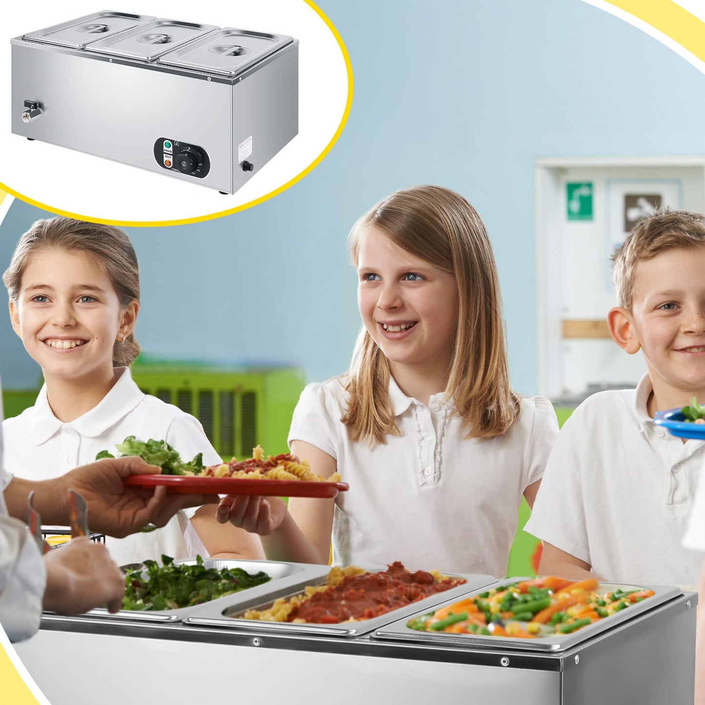 Electric Commercial Food Warmer 110V Buffet Food Warmer Stainless Steel Electric Countertop Steamer with Temperature Control, Tap and Lid for Catering Restaurant Parties (3 Pan)