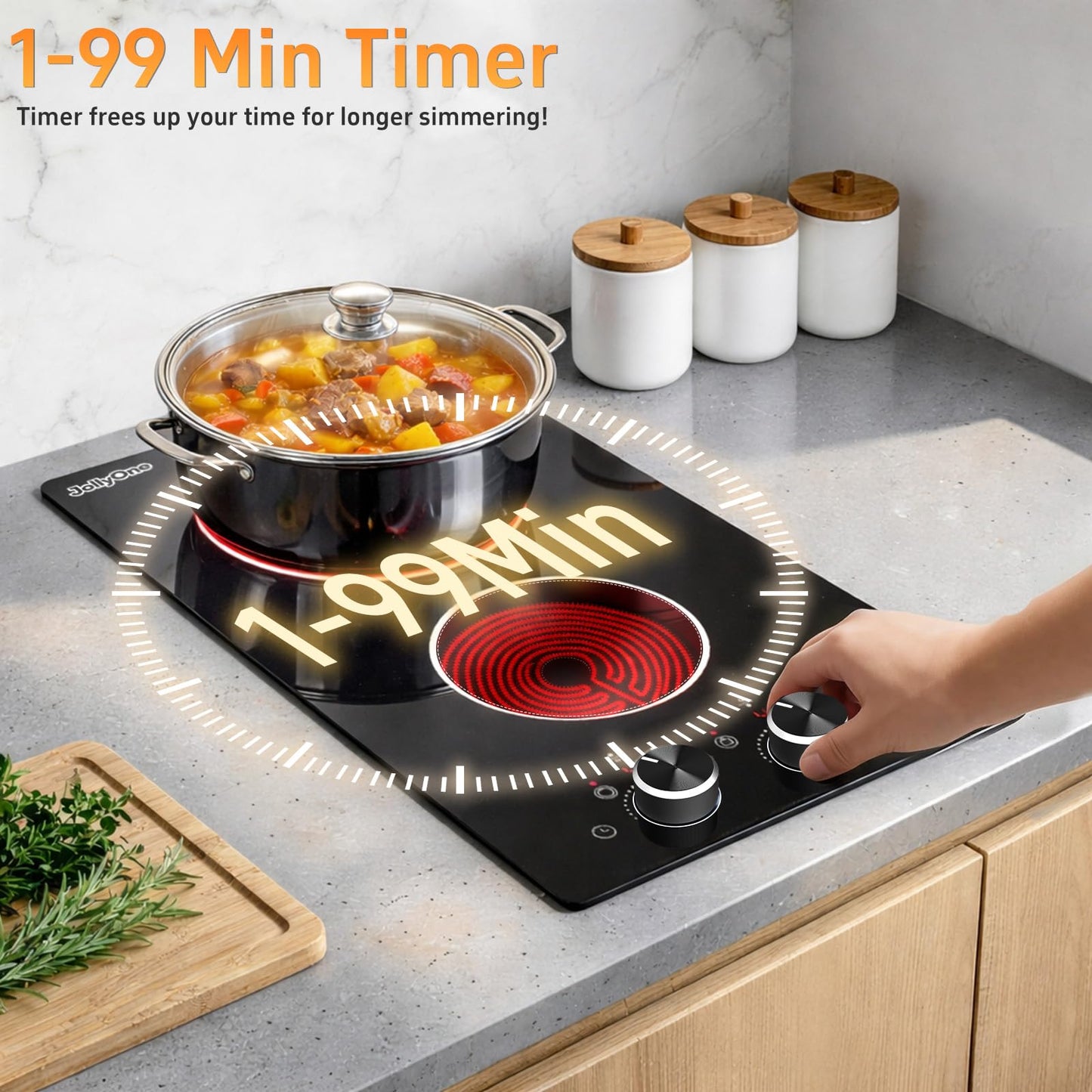 JollyOne 2 Burners Electric Cooktop 12 Inch, 1800W Knob Control Electric Stove Top Burner Hot Plate, 110V-120V Bulit-in & Countertop Ceramic Radiant Stove with Timer, Multi-Ring Control