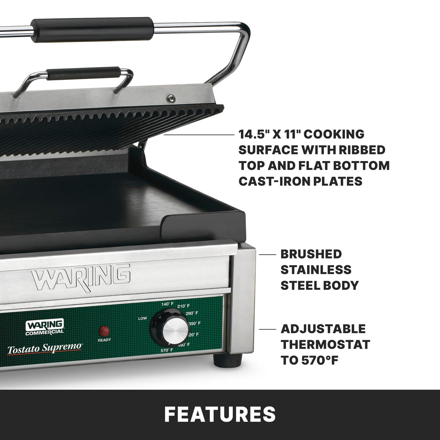 Waring Commercial WDG250 Tostato Supremo Ribbed Top Plate and Flat Bottom Plate Large Surface Panini Grill, 120 V, 1800W, 5-15 Phase Plug