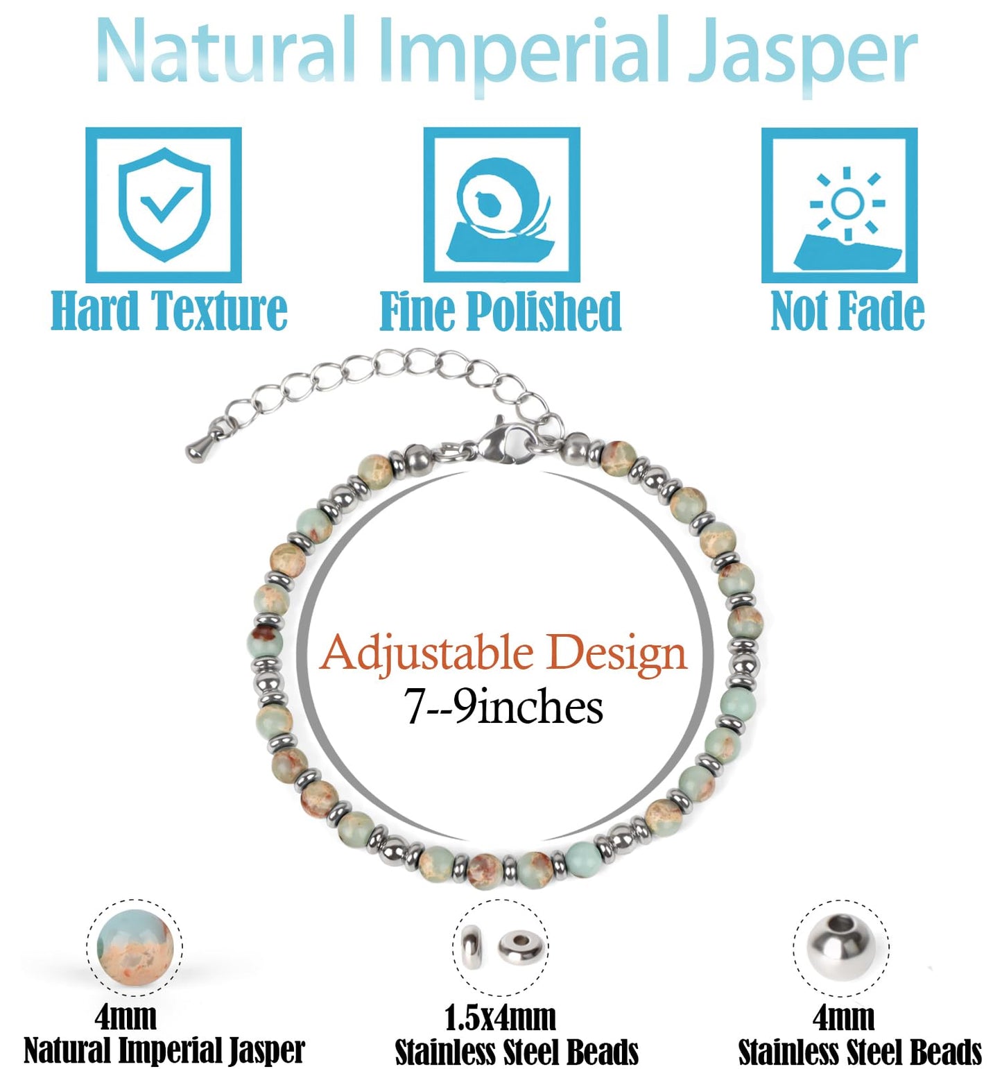 4mm Imperial Jasper Tiny Beaded Bracelets For Women, Energy Gem Charm Jewelry Adjustable Bracelet Gifts for Mom, Daughter, Wife, Coworkers, Friends, Bestie