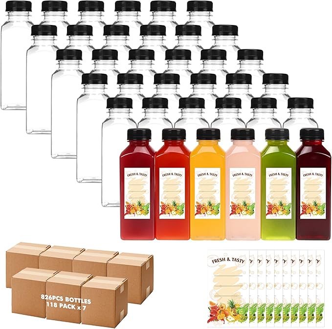 BAKHUK 826pcs 12oz Empty Plastic Juice Bottles with Caps, Plastic Water Bottles with lids, Reusable Clear Bulk Beverage Containers for Juice, Milk and Other Beverages