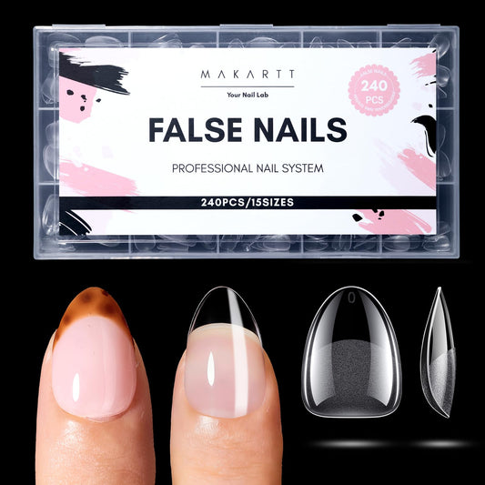 Makartt Extra Short Almond Nail Tips: 240PCS, 15 Sizes, Half Matte, Clear Fake Nails - Full Cover Soft Acrylic Press On Nail Extensions Supplies Salon and Home DIY for Flat & Natural Nail Beds