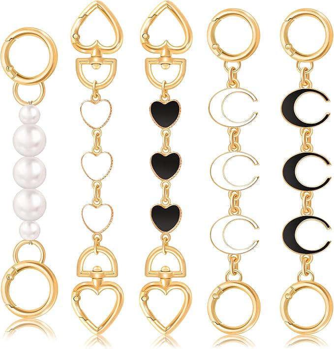5Pcs Bag Extender Chain (Moon Heart and Pearl) Purse Extender Chains Bag Strap Extender for Handbags Shoulder Bag, Metal Gold Chain Replacement White Black Purse Bag Chains Accessories Mother's Day