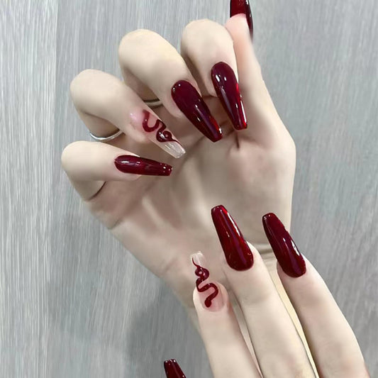 24PCS Burgundy Snake Print Press on Nails, Long Square Fake Nails Kit, Reusable Glossy Wine Red Acrylic Press On Nail False Nails for Women and Party Wear, Halloween Christmas Holiday Decorations