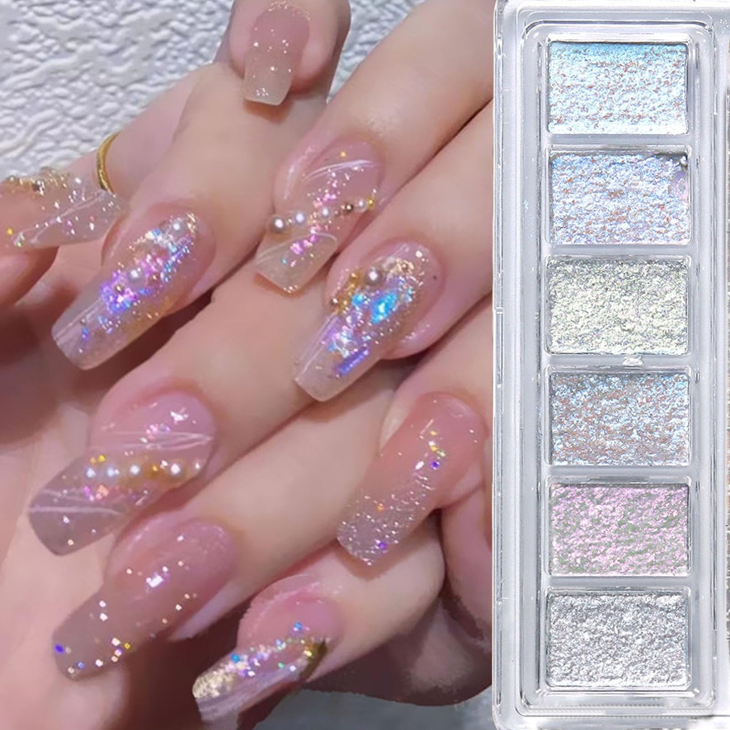 Opal Aurora Iridescent Nail Glitter,6 Colors Holographic Bling Mud Solid Foil Nail Pigment Reflective Charm Mermaid Fairy Dust Nail Powder Manicure Paillettes