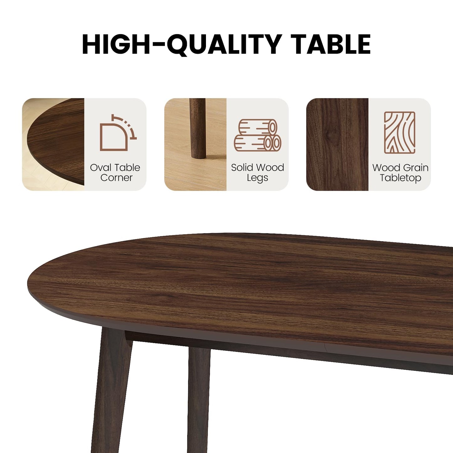 63" Oval Dining Table Set for 6, 7 Piece Modern Dining Table Set for Kitchen and Dining Room, Solid Wood Legs Dining Table with 6 Checkered PU Leather Dining Chairs（Walnut Table+6 Brown Chairs)