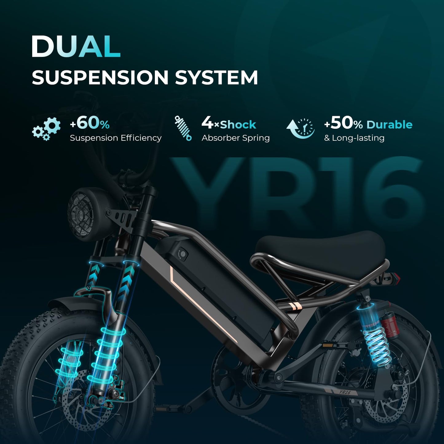 Jasion YR16 Electric Bike for Adults Teens, 1000W Peak Motor & 48V 12.5AH Battery Electric Bicycle, 16" Fat Tire Dirt Bike with Dual Suspension & Cruise Control, 55 Miles EBike Fit Teenagers
