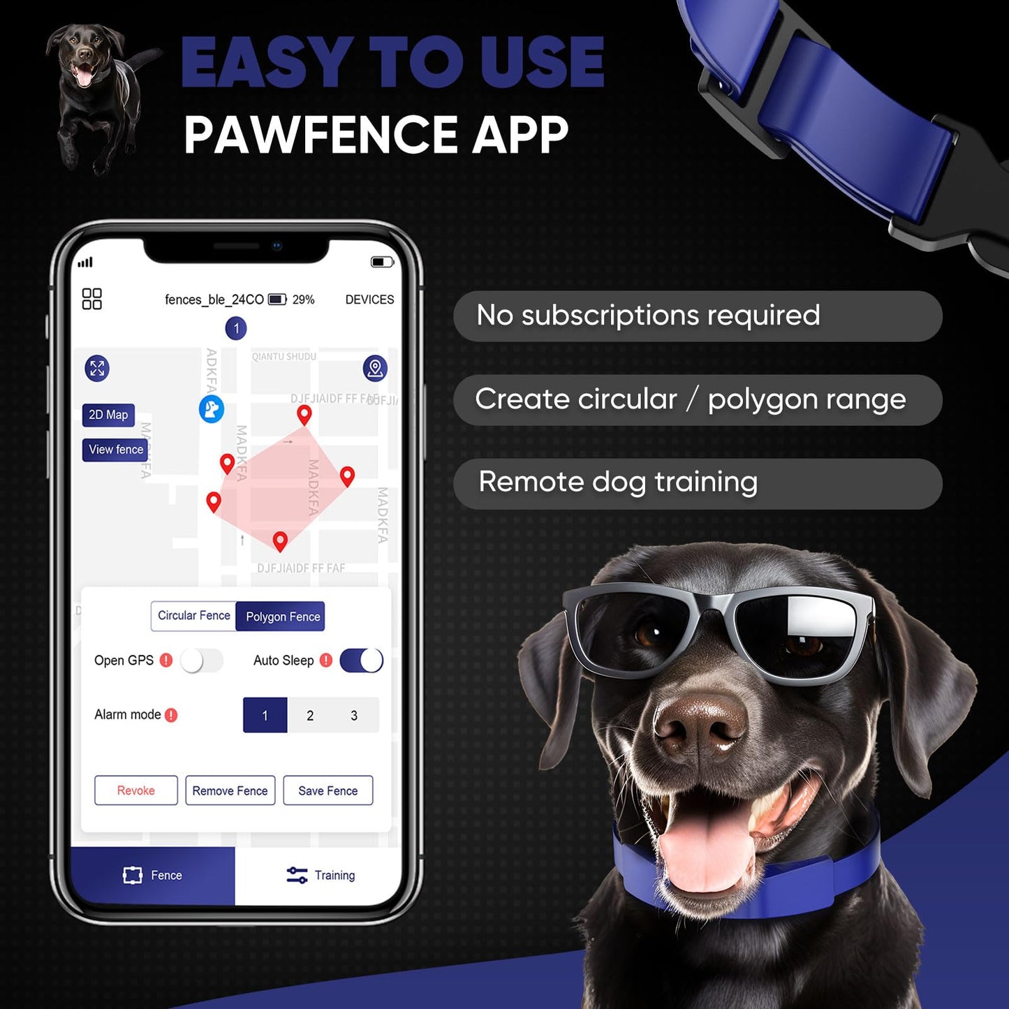 GPS Electric Dog Fence with Free App, Wireless Fence System with Training Collar, Adjustable of Dogs Portable Fence for Outdoor Use, Rechargeable Waterproof Flexiable Collar, (Blue)