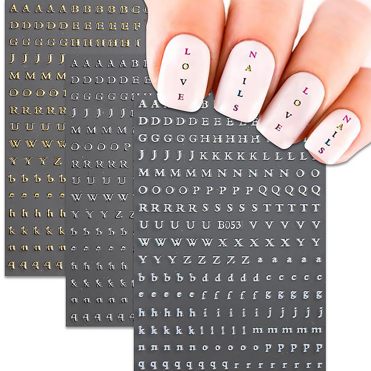 8 Sheets Letter Nail Design Stickers - 3D Self-Adhesive Nail Art Stickers in Black, White, Gold, Silver - English Letters Nail Decals for Women and Girls - DIY Nail Decor