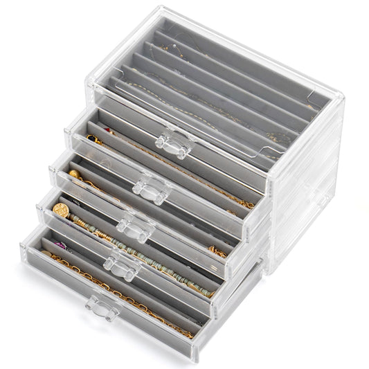 Necklace Organizer Box with 5 Drawers 30 Compartments, Dustproof Velvet Necklace Display Tray, Acrylic Necklaces Display Case, Pendant Chains Necklace Storage Tray Gift for Women and Girls (Grey)