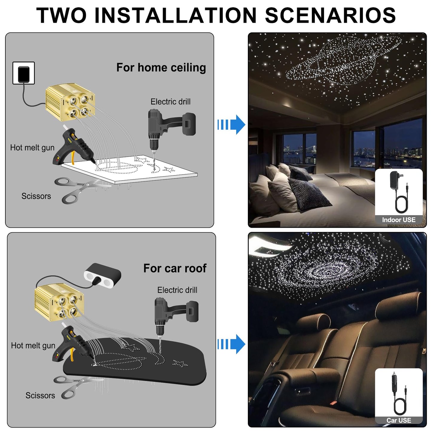 4 Colors 32W Twinkle Car Starlight Headliner Kit 800pcs*0.03in*13.1ft with APP&RF Remote, RGBW Fiber Optic Ceiling Star Lights, 4 Port Engine Sound Activated Star Roof Lights for Car Home Theater