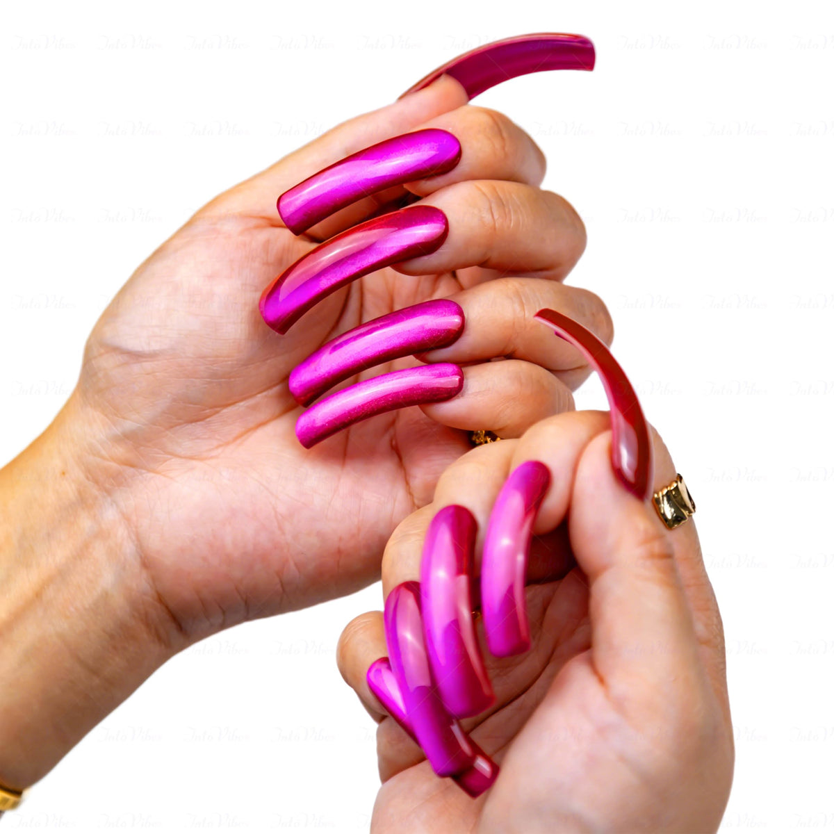 IntoVibes Purple Shimmer Press On Nails XL Handmade Curved Down Groove Design, Metallic Plum Long Nails, Reusable Fake Nail Tips, Salon Quality for Special Occasions, Square Acrylic Nails (L)