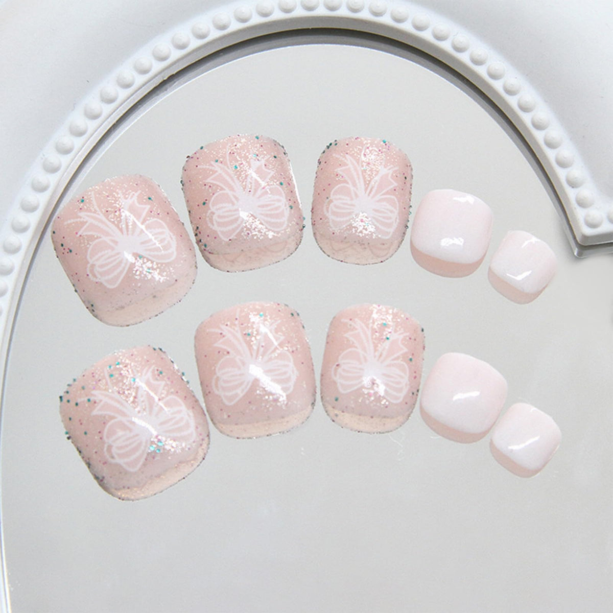 IMRAIN White Press on Toenails Short Square Fake Toe Nails Glitter Cute Summer Acrylic False Toenails Full Cover Glossy Glue on Toe Nails for Women Girls 24Pcs
