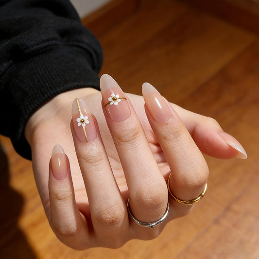 Goolich Milky Nude Press On Nails Medium Almond, Sheer Nude with Bead Floral Neutral Nails Press ons Set with Adhesive Tabs, 24 Pcs 12 Size Reusable Full Cover Glue on Nails for Women