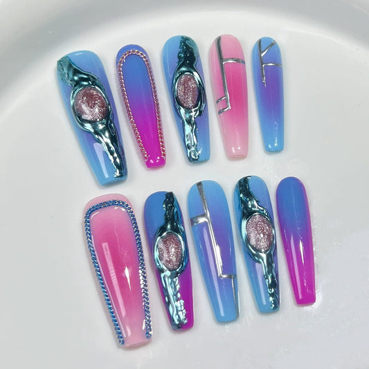 10Pcs Long Square Press on Nails Blue Ombre Handmade False Nails Luxury Reusable Fake Nails with 3D Cat's Eye and Charms Design Acrylic Nails Press Ons for Women DIY 10Pcs(Size M)