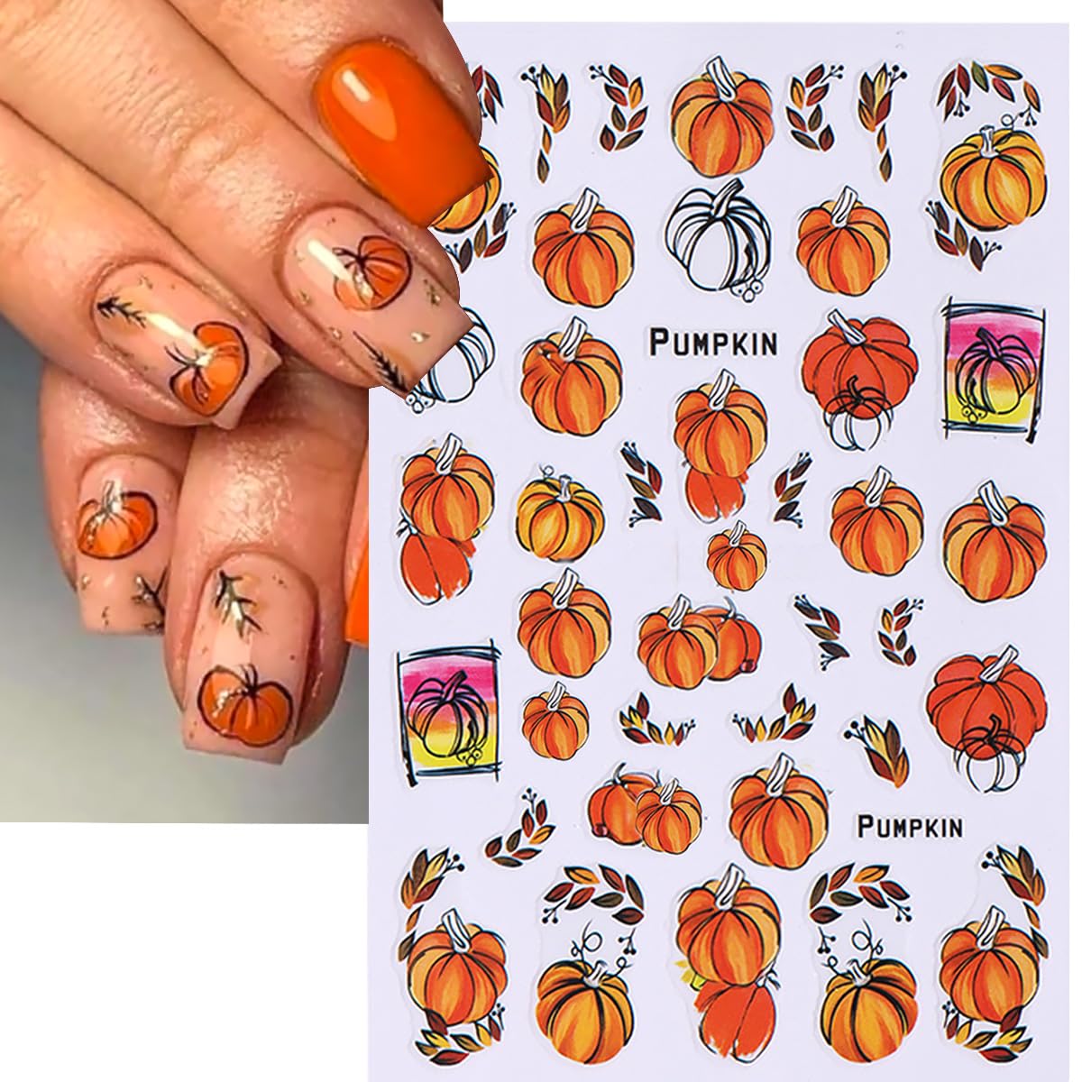 6 Sheets Fall Nail Stickers for Nail Art Pumpkin Maple Leaf Nail Decals 3D Self-Adhesive Thanksgiving Flower Leaves Design Nail Stickers Holiday Nail Art Supplies for Women Autumn Nail Art Decoration
