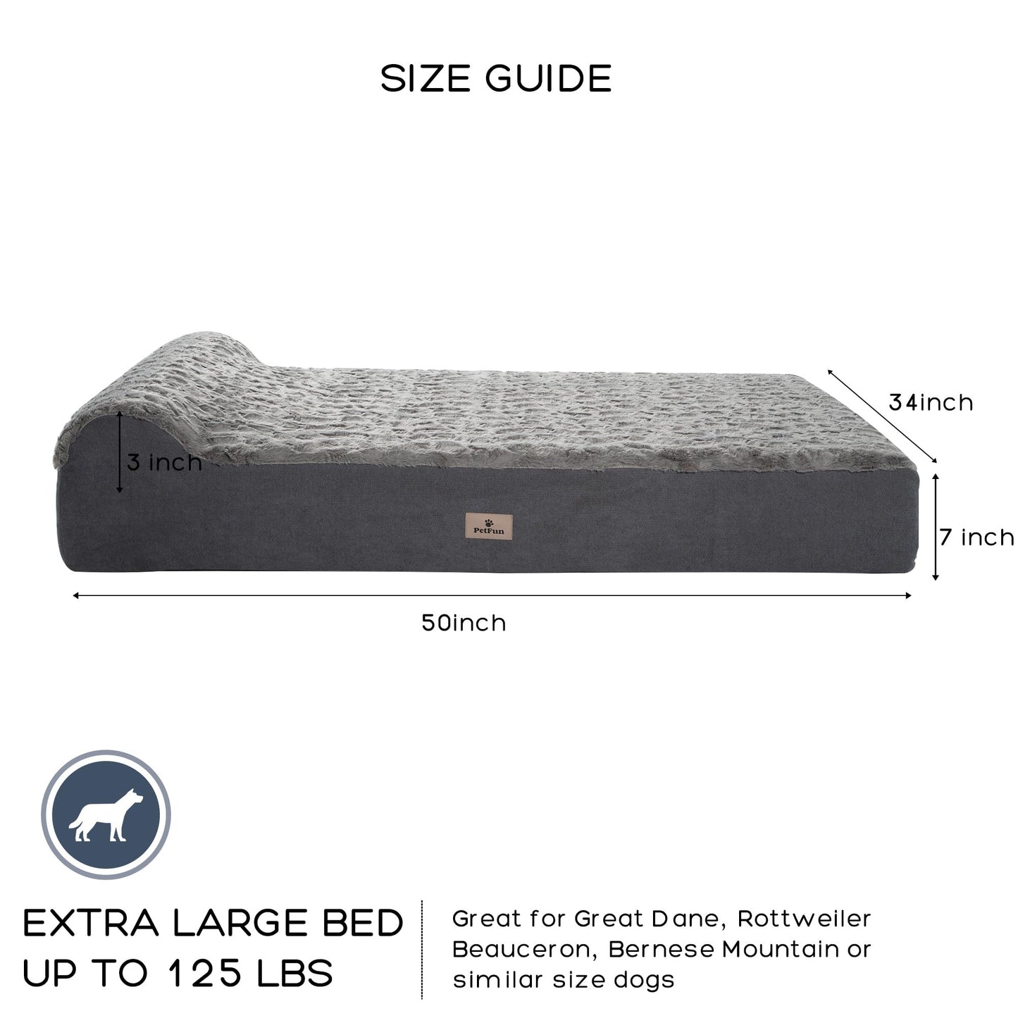 PetFun Jumbo Orthopedic Dog Bed for Large Dogs - 7-inch Thick Memory Foam Dog Bed with Pillow Removable Cover Machine Washable, Giant | 50 inch, Dark Gray