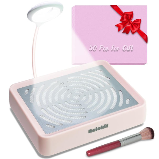 Nail Dust Collector with Lamp&50pcs Disposable Filter&Dusting Brush, Electric Nail Vacuum Cleaner Dust Fan Suction Machine for Manicure Acrylic Gel Nails Polishing, Low Noise,Salon Home