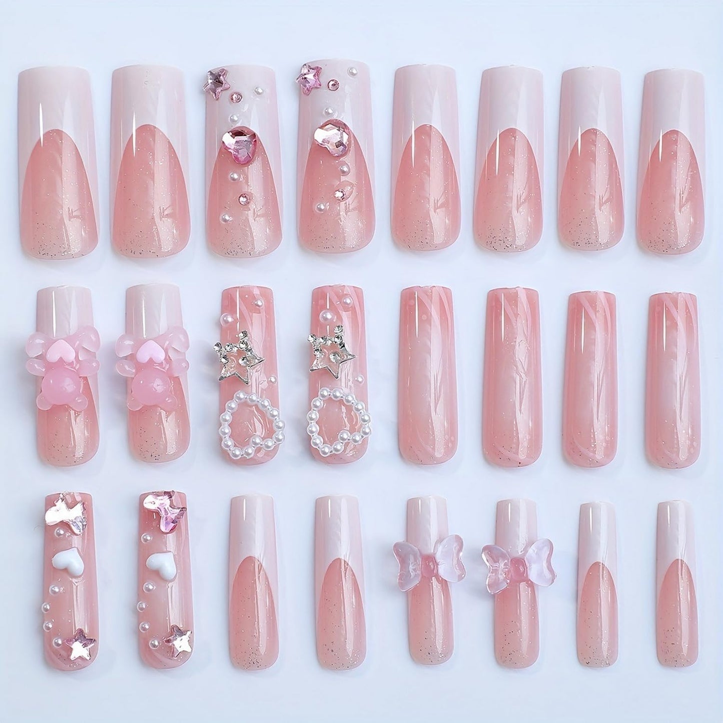 Extra Long Coffin Shaped Press on Nails White French Tip Fake Nails with 3D Bow Bear Star Charm and Pearl Designs Glitter Acrylic Nails Cuter False Nail for Women Nail Art DIY 24 Pcs