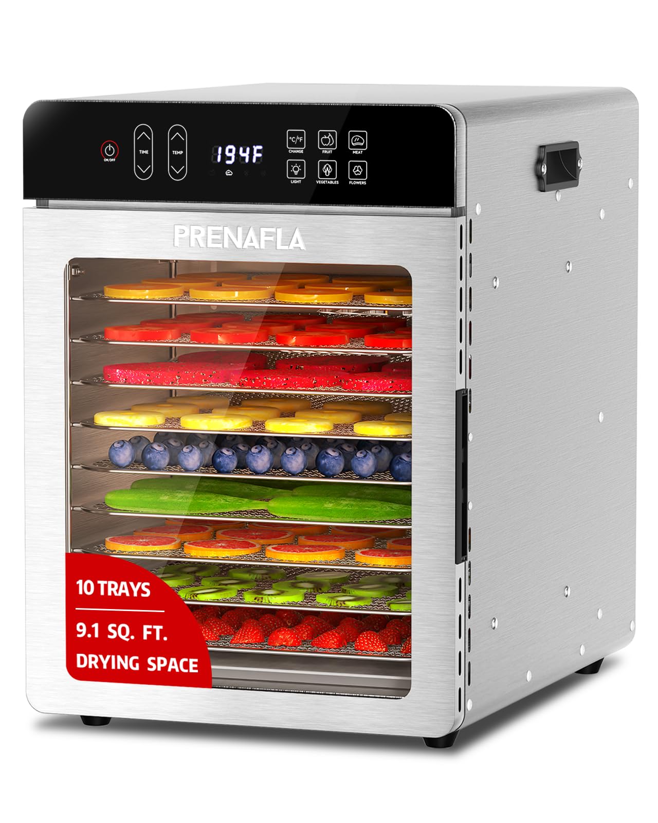 Food Dehydrator with 10 Stainless Steel Trays, 800W Dehydrator with 194℉ Temperature Control & 24H Digital Timer, Low Noise, 4 Presets, for Jerky, Herbs, Yogurt, Dog Treats