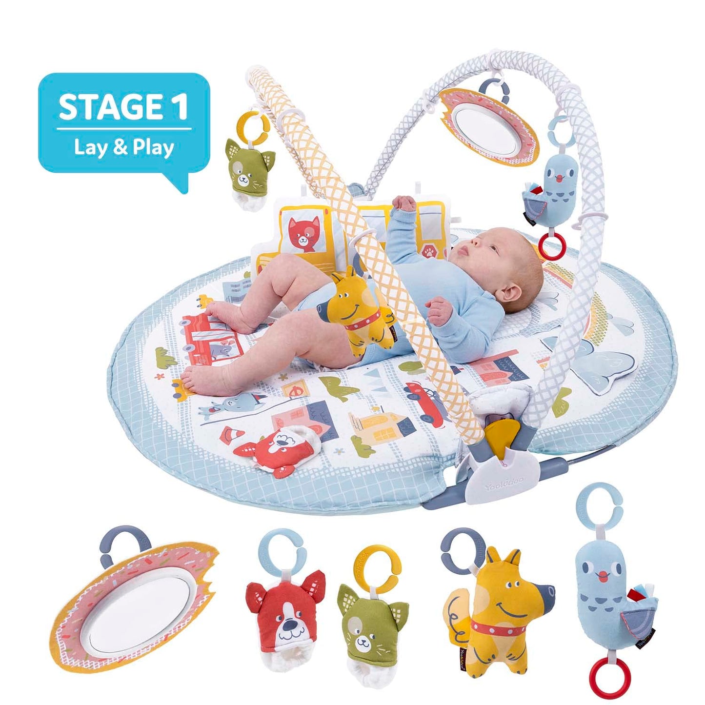 Yookidoo Baby Gym Urban Lay to Sit-Up Playmat. 3-in-1 Newborns Activity Center with Tummy Time Toys, Pillow & Infant Miror. 0-12 Month