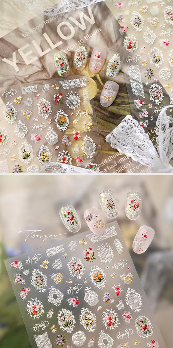 5D Embossed Nail Stickers Spring Summer Flower Nail Art Stickers Lace Frame & Floral Bouquet Nail Sliders Cute Self-Adhesive Nail Decals for Women Girls DIY Manicure, 1 Sheet