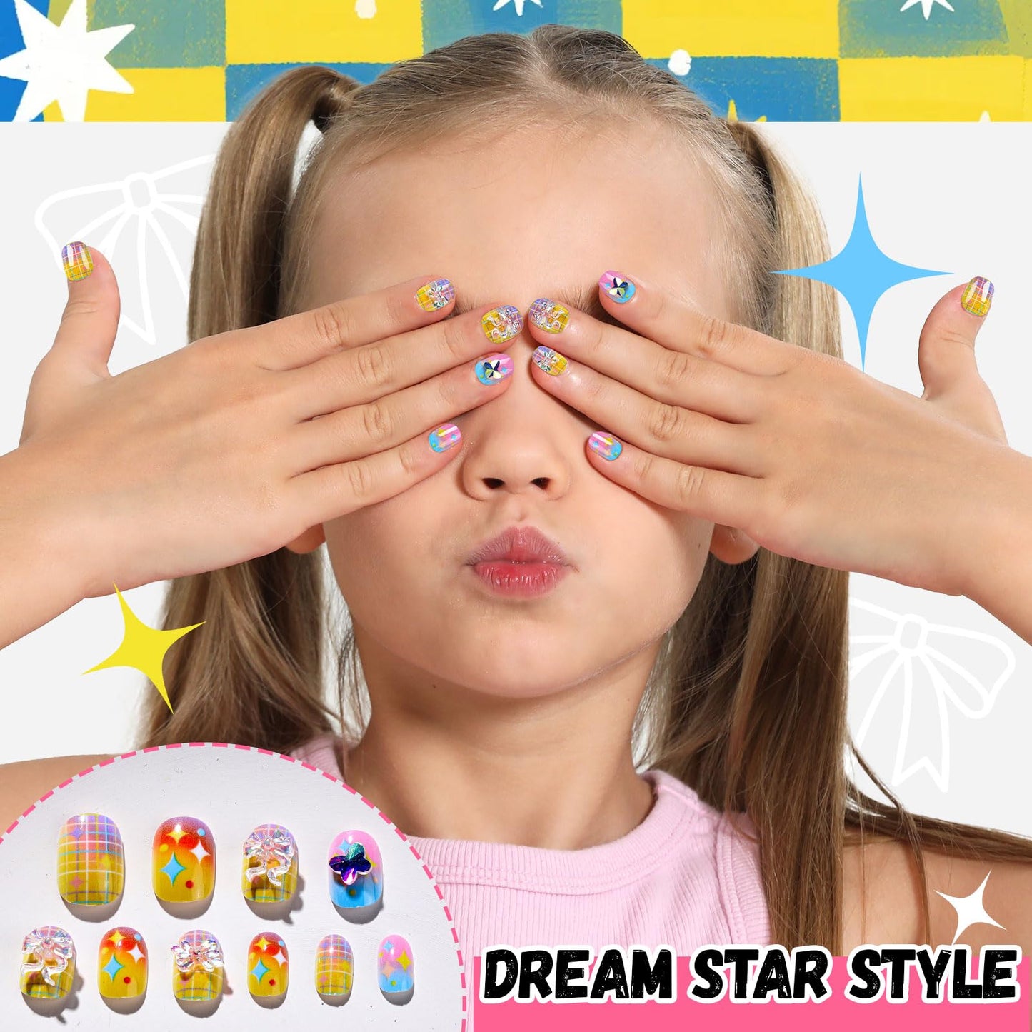FANDAMEI Press on Nails for Girls, 6 Styles 144PCS Press on Nails for Kids, Little Girl Nails Press on Short Round with Nail Charms and Gems, Fake nails for Kids, Girls with Adhesive Tabs