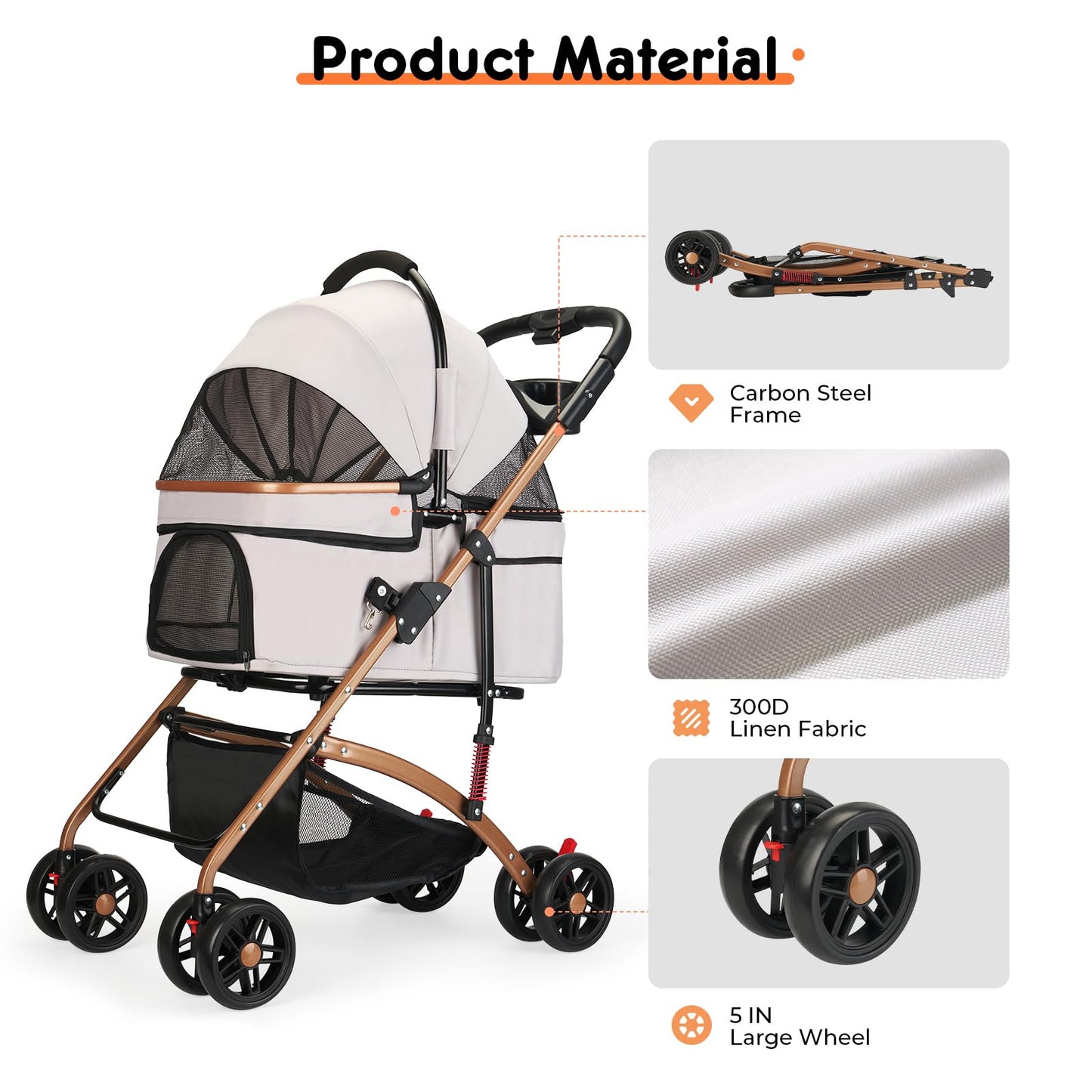 3-in-1 Foldable Pet Stroller for Medium Dogs & Cats up to 50lbs – Detachable Carrier & Car Seat with Storage Basket, 5” Lockable Wheels – All-Terrain Design for Jogging, Walking, and Travel (Grey)