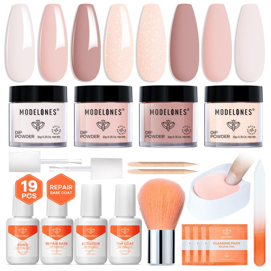 Modelones Dip Powder Nail Kit, 4 Colors Spring Summer Nude Pink Glitter Dipping Starter Set with Liquid and Complete Accessories for French Nails Art Salon DIY at Home Manicure