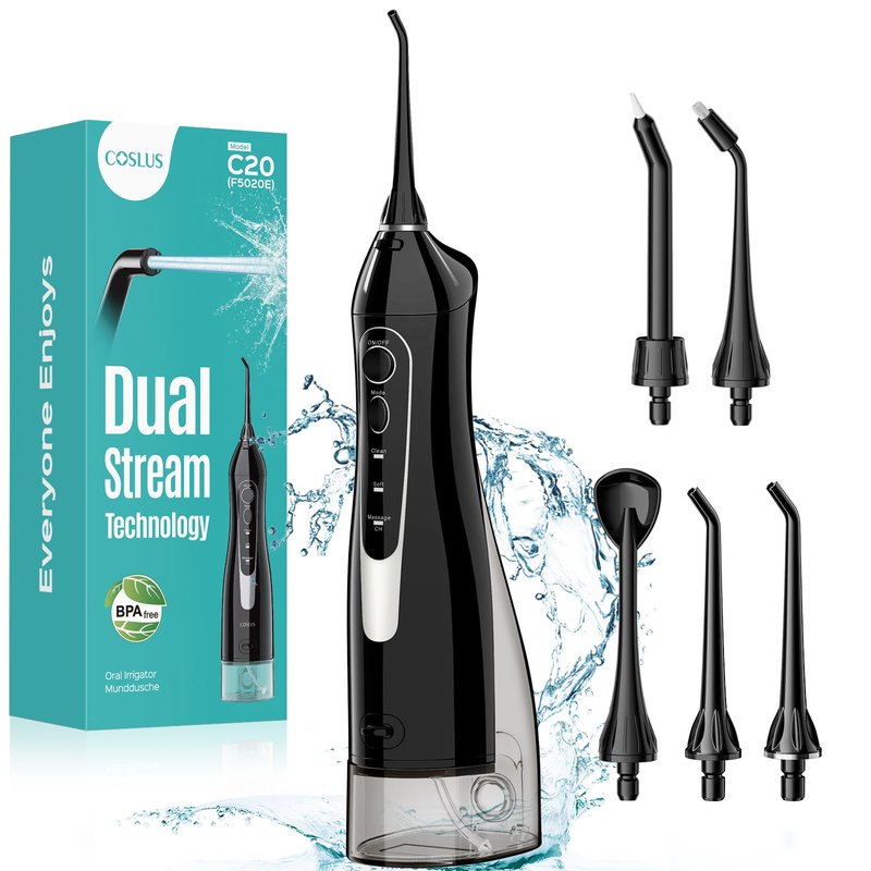COSLUS Water Dental Flosser Teeth Pick C20: ADA Accepted, Portable Cordless Oral Irrigator 300ML Rechargeable Travel Irrigation Cleaner IPX7 Waterproof Electric Flossing Machine for Teeth, Black