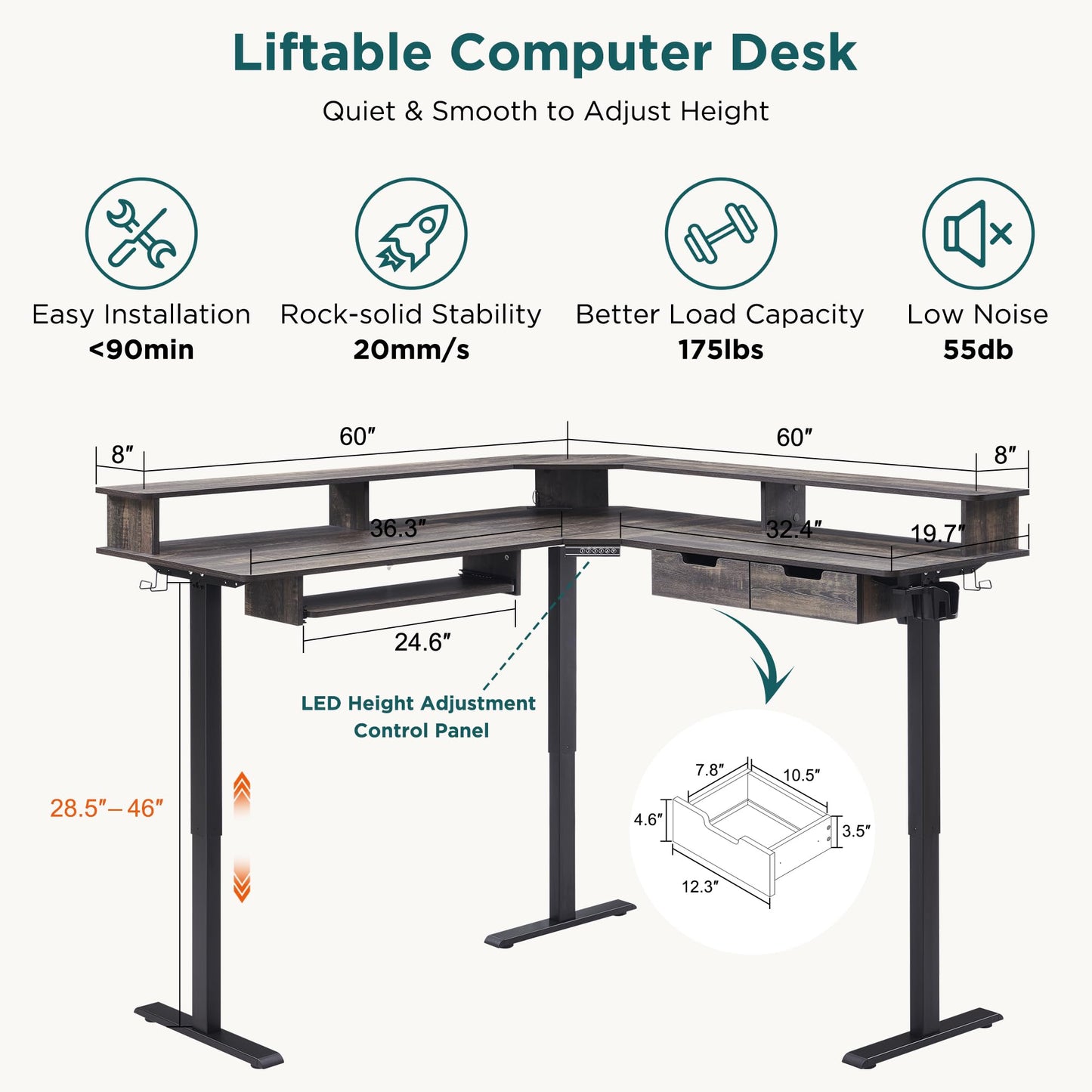 RedLemon 60 Inches L Shaped Electric Standing Desk,Height Adjustable Corner Gaming Desk with Drawers, Keyboard Tray, Power Outlets & LED Lights, Computer Desk with Monitor Shelf, Dark Rustic Oak