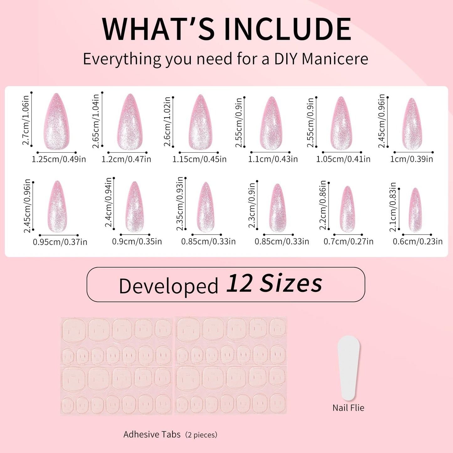 Pink Almond Cat Eyes Press On Nails,12 Sizes - 24 Pcs Soft Gel Pink Medium Fake Nails Kit with Nail Glue, Natural Reusable Stick On False Nails for Women and Girls SK1011