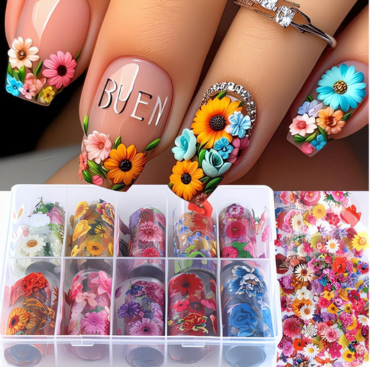 Floral Nail Foils Transfer Nail Art Flower Nail Stickers Spring Summer Foil Nail Art Supplies 10 Rolls Sunflower Rose Daisy Nails Foil Transfer Stickers Starry Sky Paper Manicure Accessories for Women