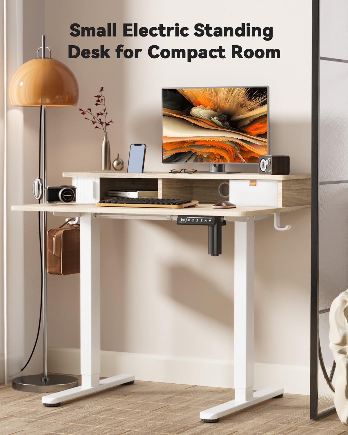 JOY worker Small Electric Standing Desk, 35" x 25" Height Adjustable Desk with Built-in Monitor Stand & Storage Drawer, White Sit Stand Desk with 2 Hooks for Home Office, Light Walnut