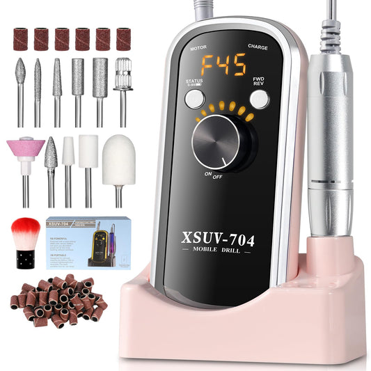 Moskany Professional Electric Nail Drill Kit 45000RPM with Bits and Base Pink Portable Rechargeable Cordless Nail E- File Machine for Acrylic Gel Powder Nails and Manicure Pedicure Toenail Tool Set