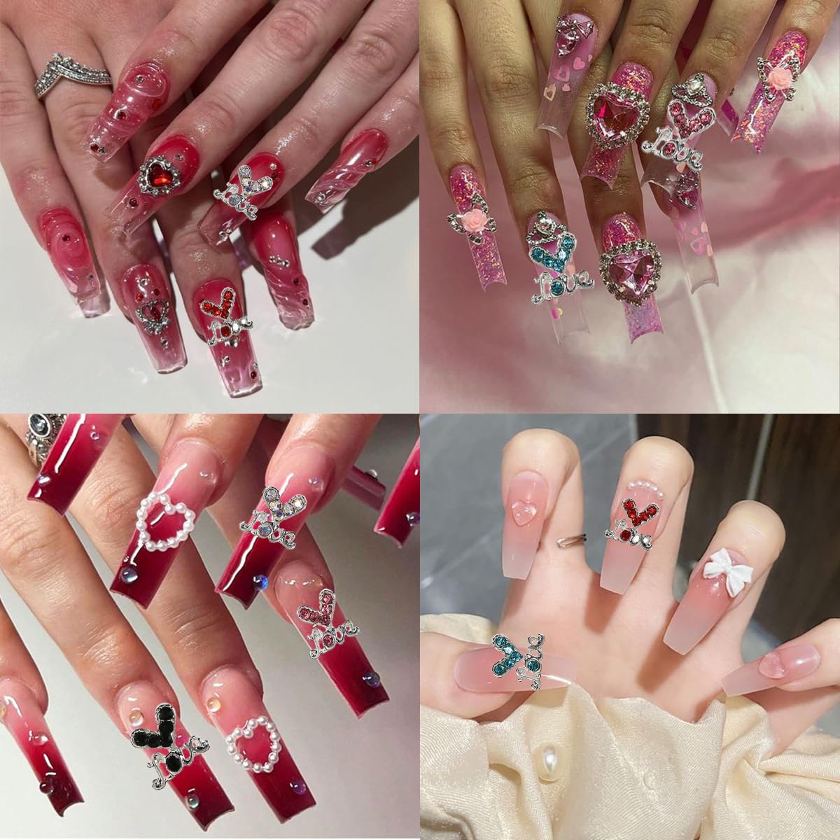 12Pcs 3D Heart Nail Art Charms Silver Nail Charms Heart Nail Accessories Rhinestones Diamond Alloy Nail Gems for Women Girls Valentine's Nail Art Design DIY Craft Jewelry