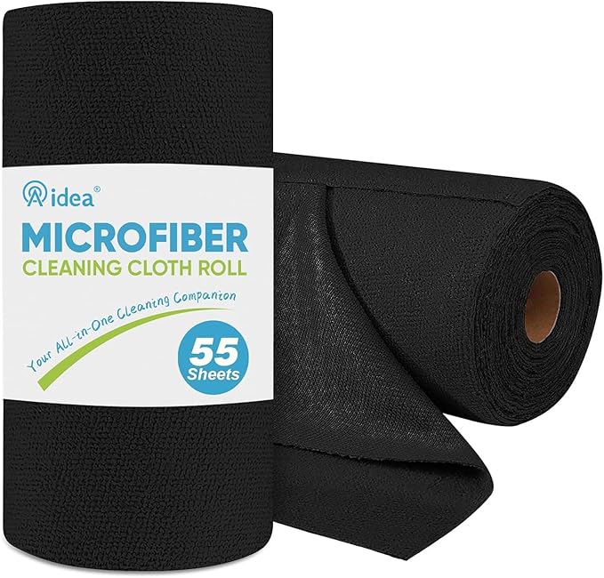 AIDEA Microfiber Cleaning Cloth Roll 55 Sheets, Black Microfiber Towels for Cars, Shop Rags Washable, Cleaning Rags Reusable Paper Towels for Automotive, Workshops, House, Cleaning Supplies 11Ã9"