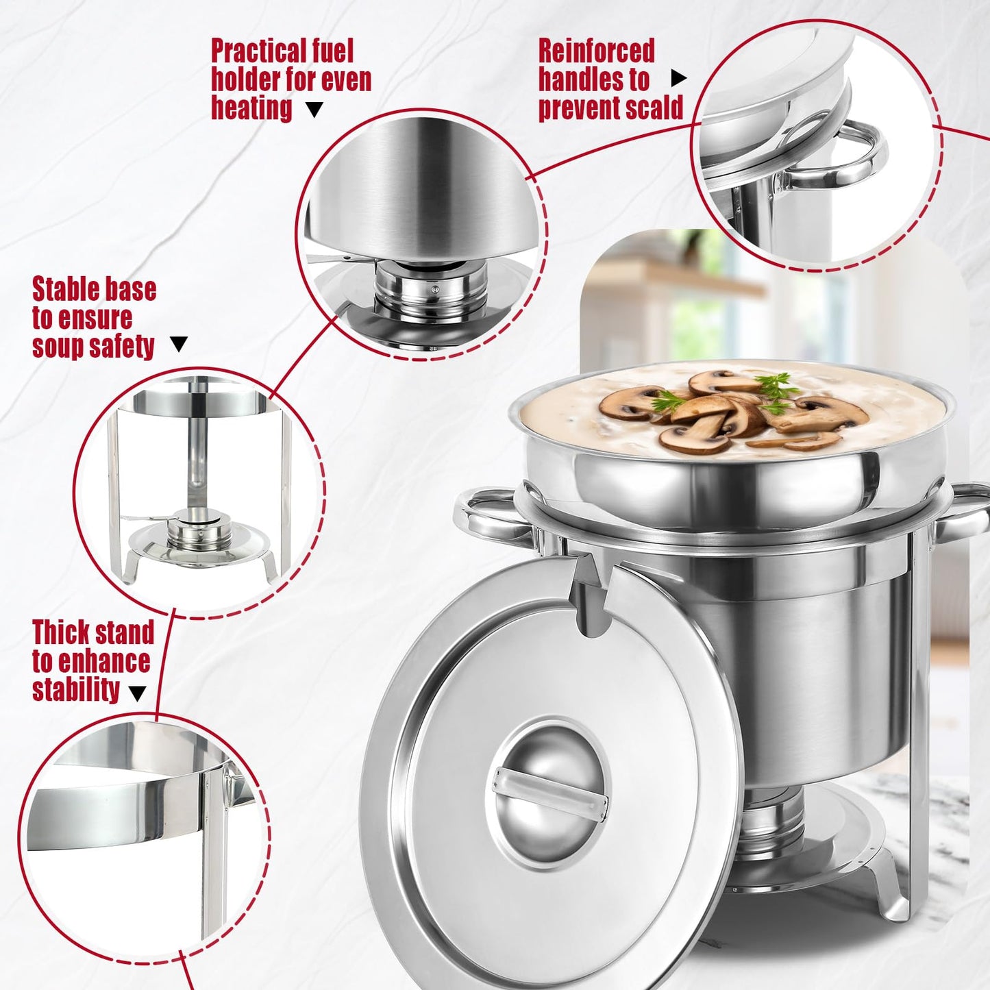 IMACONE Soup Chafer 11QT Large Capacity Soup Chafer Sets of 2, Stainless Steel Round Soup Warmer w/Pot, Notched Lid & Fuel Holder, Catering Marmite for Party, Buffet, Event & Commercial Food Service