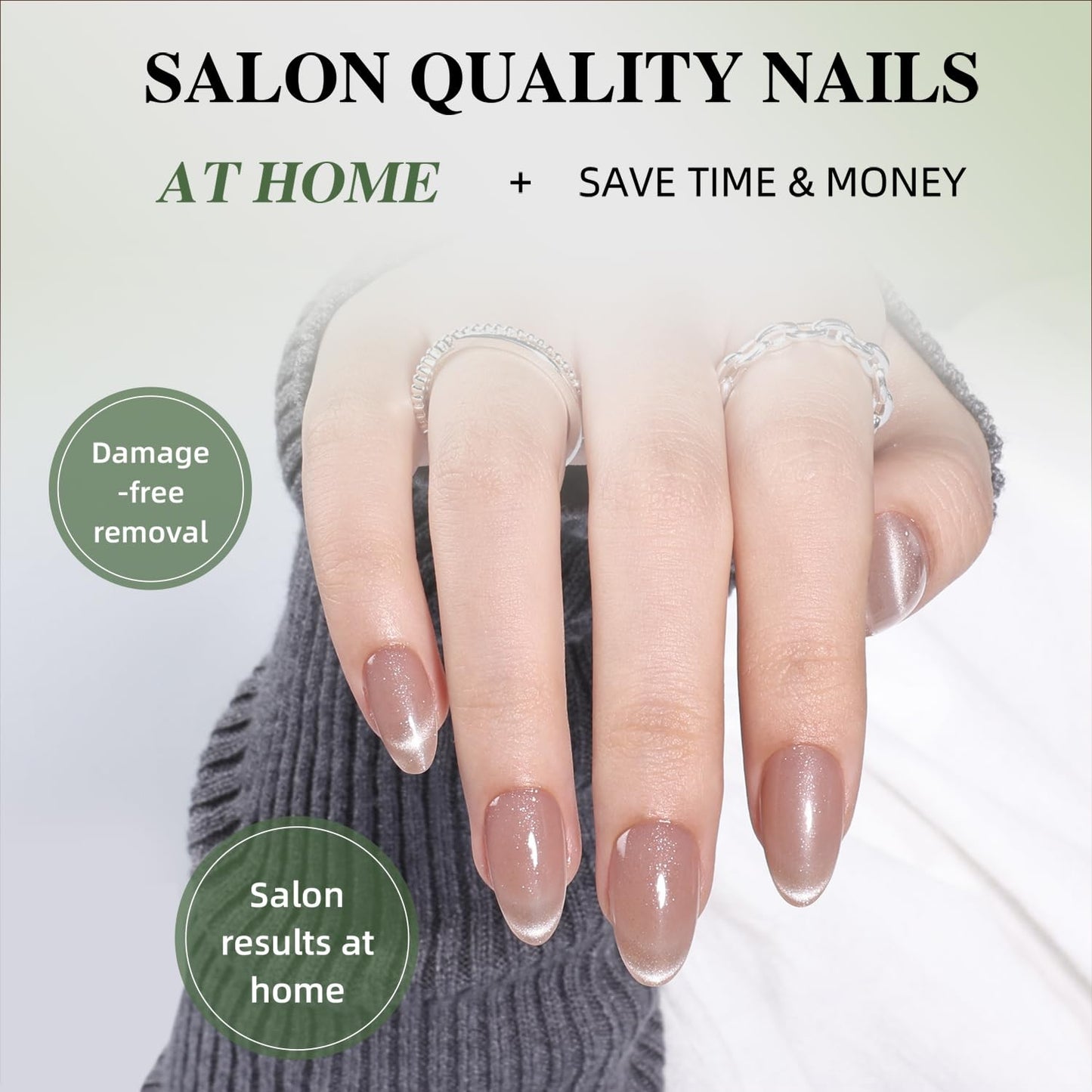 Cat Eye French Tip Press On Nails Almond - Nude Short Almond Fake Nails, Nude Cateye Press On Nails Reusable Stick On Nails in 16 Sizes, 32pcs False Nail Kit for Women & Girls(Veil of Light)