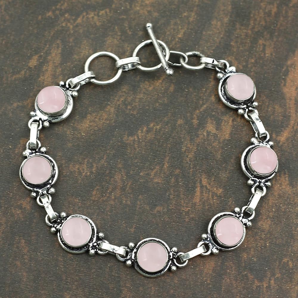 Natural Rose Quartz 925 Silver Plated Light Weight Trendy Adjustable Bracelet for Women - January Birthstone Pink Gemstone Handmade Link Bracelet - Wedding Jewelry Gifts for Her