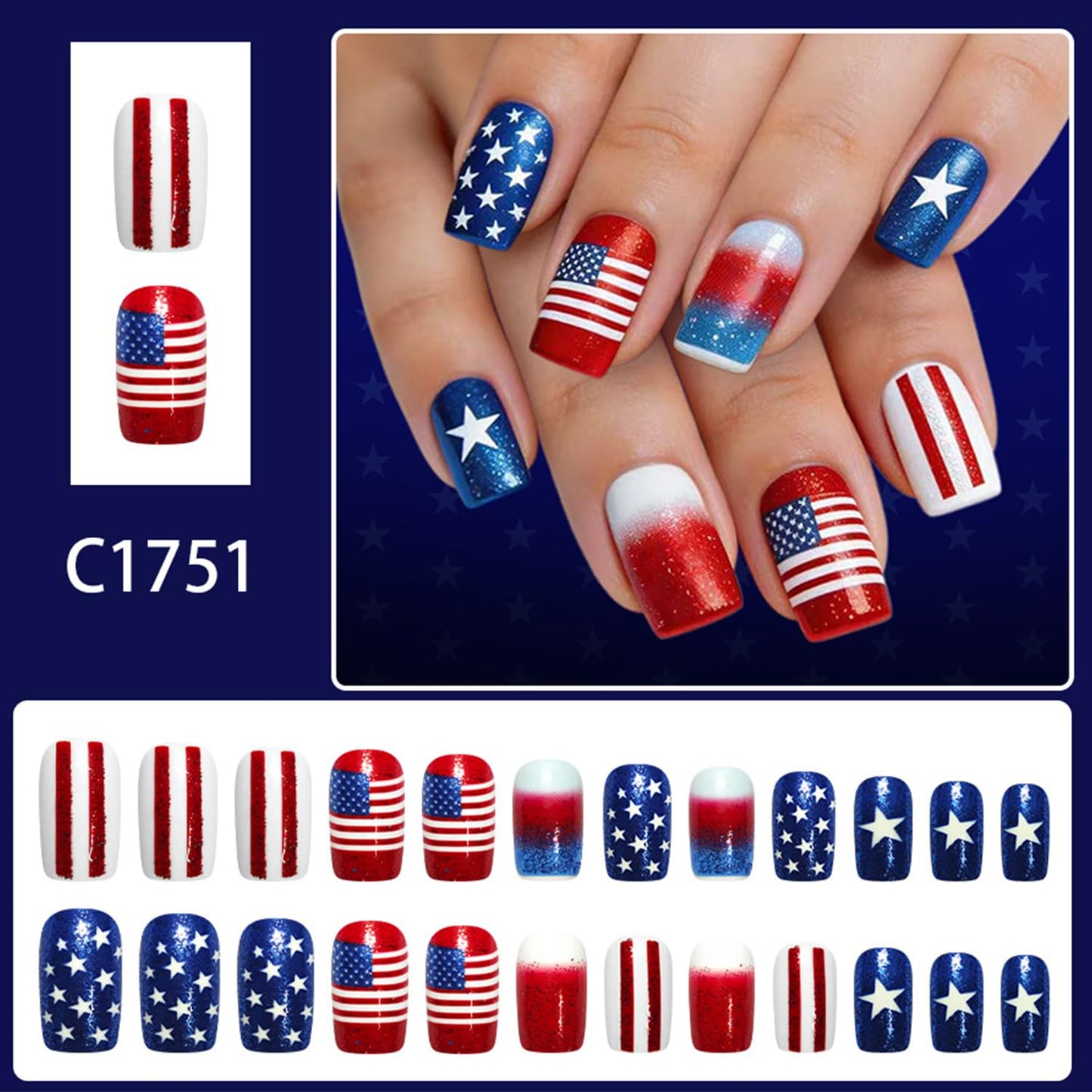 French Independence Day Press on Nails Medium Square Fake Nails Gradient US Flag Lines Stars Glitter 4th of July Stick on Nail Patriotism Glue on Artificial Fingernails for Women Festival Manicure